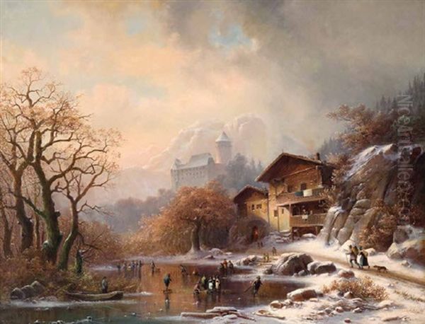 Winterlandschaft Mit See, Bauernhaus Und Im Hintergrund Eine Festung Oil Painting by Anton Doll