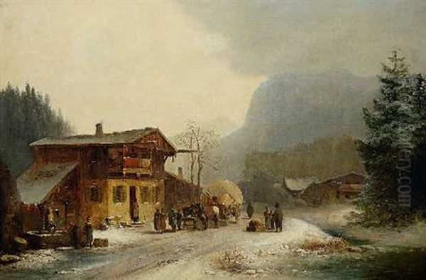 Winterliche Dorfstrase Mit Pferdefuhrwerk Oil Painting by Anton Doll