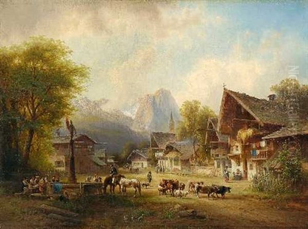 Bauern Mit Vieh In Garmisch Oil Painting by Anton Doll