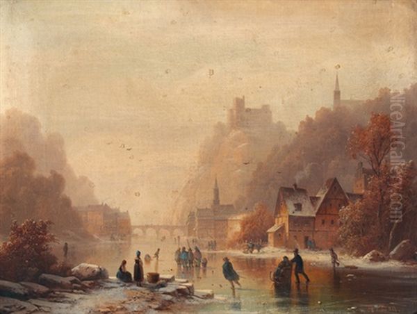 Eisvergnugen Vor Einer Stadt Mit Burg Oil Painting by Anton Doll