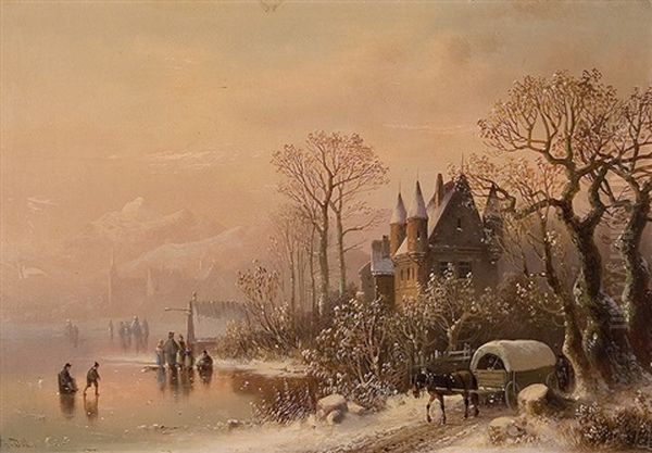 Winterly Evening Mood At The Lake Oil Painting by Anton Doll