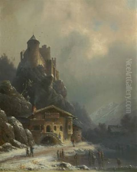 Winterliche Landschaft Mit Einer Burg Oil Painting by Anton Doll