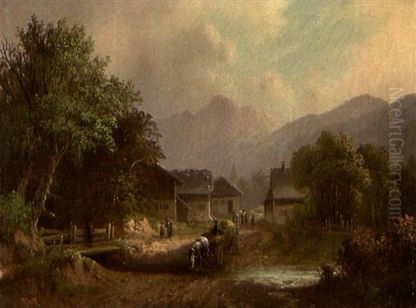 Ein Pferdefuhrwerk Uberquert Eine Furt, Im Hintergrund Gebirge Und Ein Dorf Oil Painting by Anton Doll