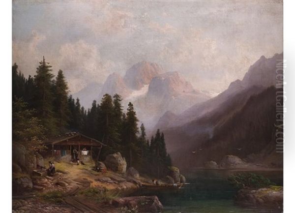 Gebirgssee Mit Almhutte Und Figurenstaffage Oil Painting by Anton Doll