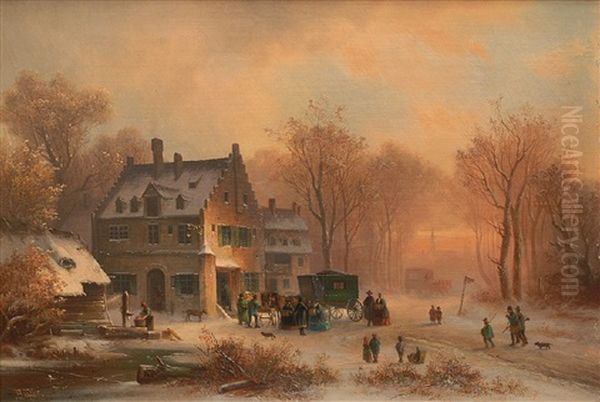 Rast An Der Poststation In Einer Winterlandschaft Oil Painting by Anton Doll