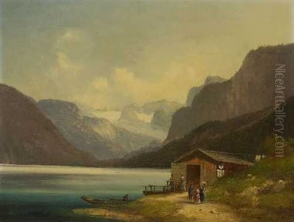 Spazierganger Bei Einem Bootshaus An Einem Gebirgssee Oil Painting by Anton Doll