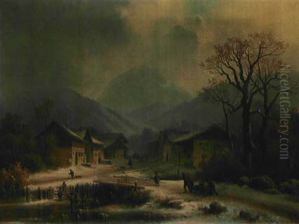 Winterlandschaft Mit Schlitten Ziehende Bauern Und Kindern Auf Dem Eis Oil Painting by Anton Doll