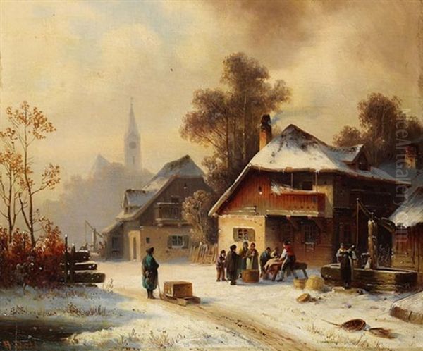 Dorfszene Im Winter Oil Painting by Anton Doll