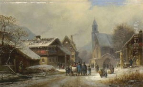 Taufgesellschaft Auf Winterlicher Dorfstrase Oil Painting by Anton Doll