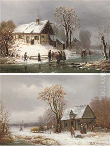 Villagers In Snowcovered Landscape (+ Another; Pair) Oil Painting by Anton Doll