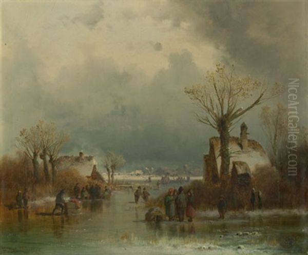 Motiv An Der Paar (winterlandschaft Mit Schlittschuhlaufern) Oil Painting by Anton Doll