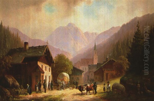 Heufuhre Vor Dem Bauernhaus Oil Painting by Anton Doll