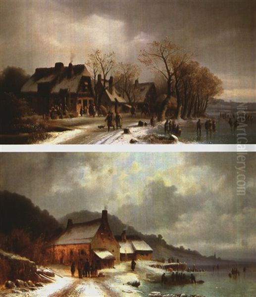 Winterlandschaft Mit Gebauden Und Personenstaffage (+ Another, Similar; Pair) Oil Painting by Anton Doll