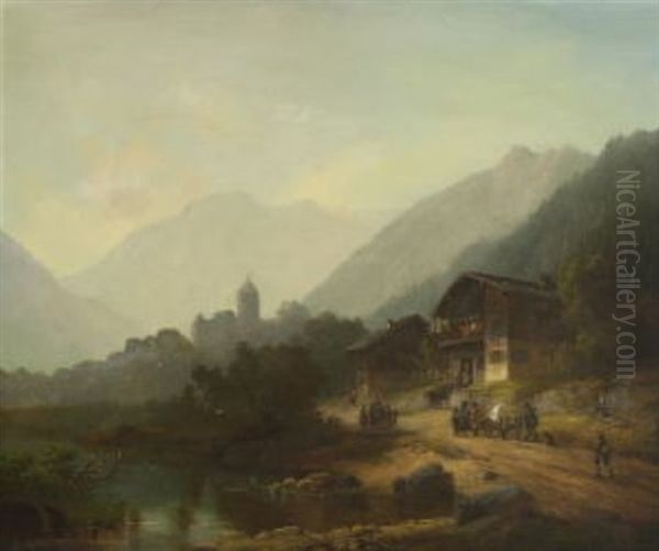 Flusslandschaft Im Gebirge Oil Painting by Anton Doll