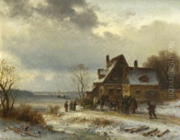 Winterlandschaft Mit Jagdgesellschaft Oil Painting by Anton Doll