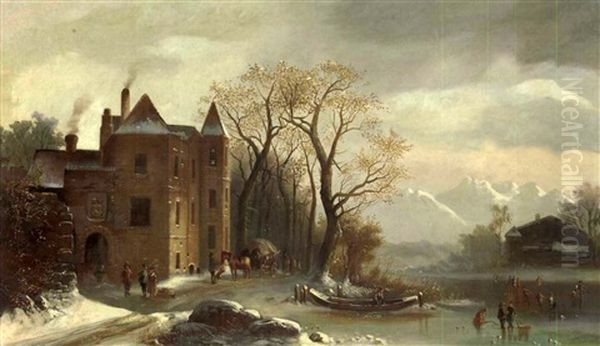 Winter Landscape With Figures Oil Painting by Anton Doll