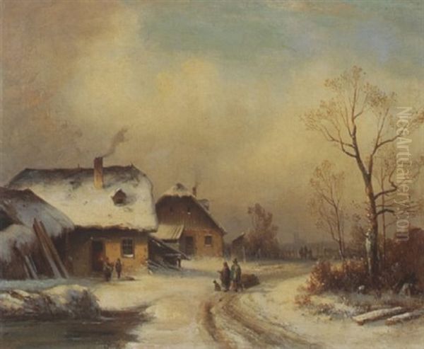 Dorfstrase Im Winter Oil Painting by Anton Doll