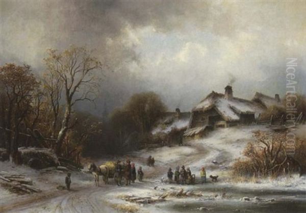 Winterlandschaft Mit Bauernhausern Bei Alt-gauting Oil Painting by Anton Doll