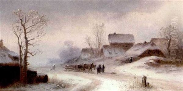 Verschneite Winterlandschaft Mit Pferdefuhrwerk Und Spaziergangern Oil Painting by Anton Doll