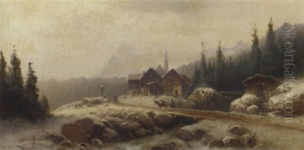 An Alpine Village In Winter Oil Painting by Anton Doll