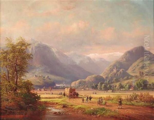 Heuernte In Einem Gebirgstal Oil Painting by Anton Doll