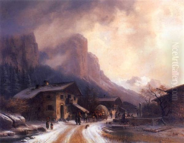 Winter Landscape With Figures Oil Painting by Anton Doll