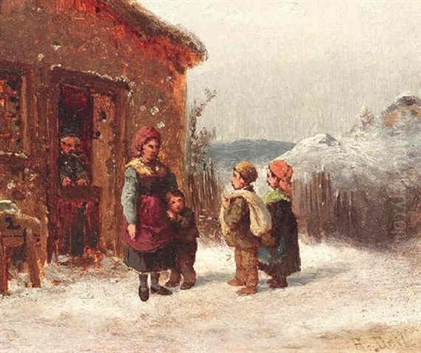 Familie Vor Einer Bauernkate In Winterlandschaft Oil Painting by Anton Doll