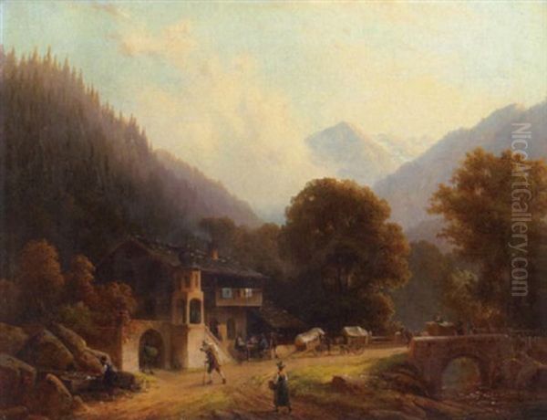 A Wooded Alpine Landscape With Figures On A Path In The Foreground Oil Painting by Anton Doll