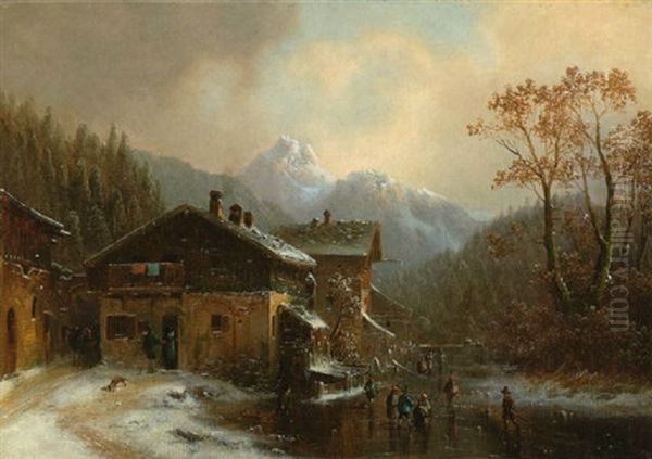 Gebirgsdorf Im Winter Oil Painting by Anton Doll