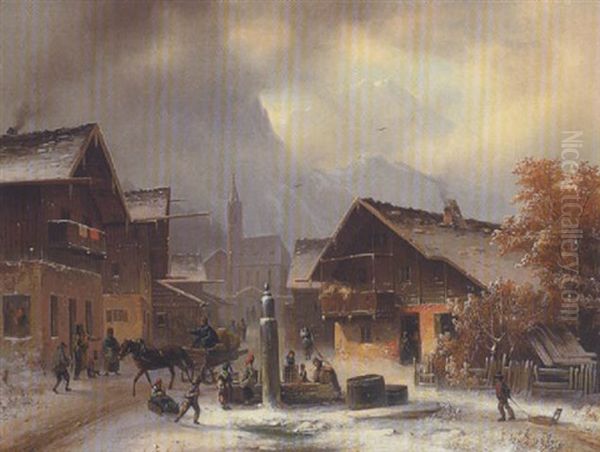 Gebirgsdorf Im Winter Oil Painting by Anton Doll