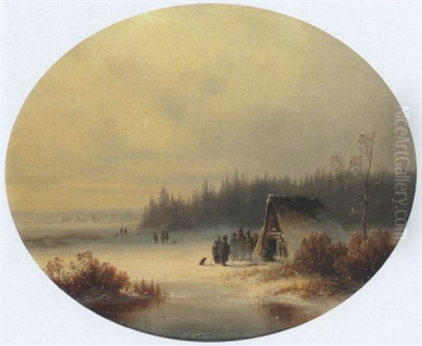 Winterlandschaft Mit Bauern Vor Einer Hutte Bei Einem Feuer Am Wasser Oil Painting by Anton Doll