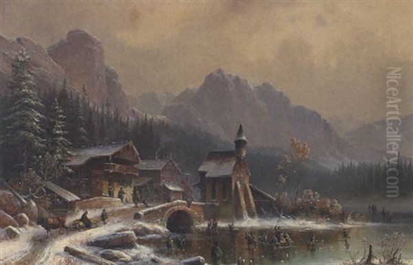 Gebirgsdorf Im Winter Oil Painting by Anton Doll