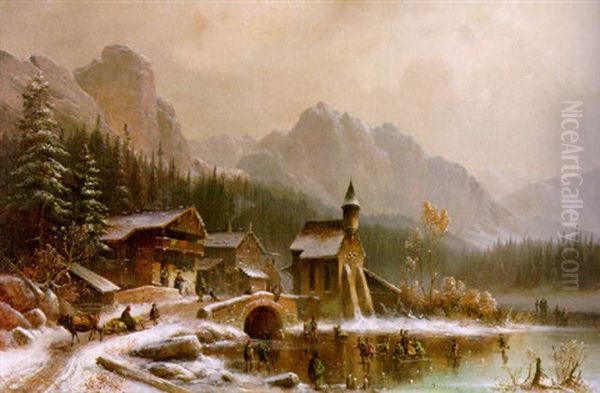 Winterlicher Gebirgssee Mit Schlittschuhlaufern Oil Painting by Anton Doll