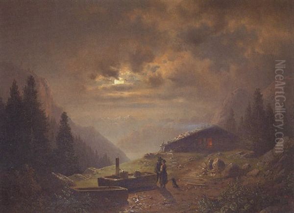 Bursch Und Sennerin Bei Mondlicht Auf Der Hochalm Oil Painting by Anton Doll