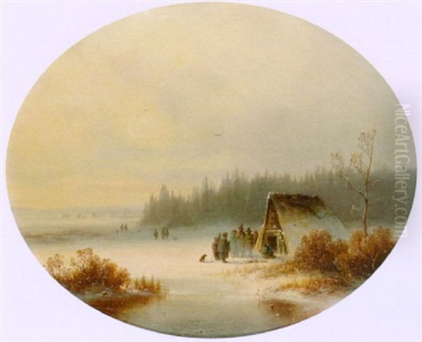 Winterlandschaft Mit Bauern Vor Einer Hutte Oil Painting by Anton Doll