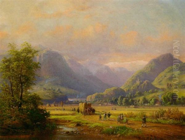 Heuernte Im Gebirgstal Oil Painting by Anton Doll