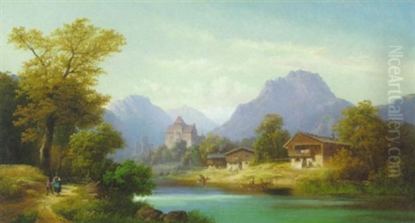 Gebirgstal (sudtirol?) Mit Burgen Und Bauernhausern Am Fluss Oil Painting by Anton Doll