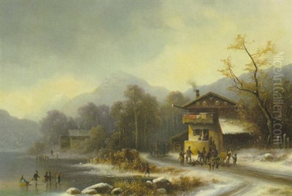 Winterlandschaft Mit Einem Forsterhaus Am Ufer Eines Gebirgssees Oil Painting by Anton Doll