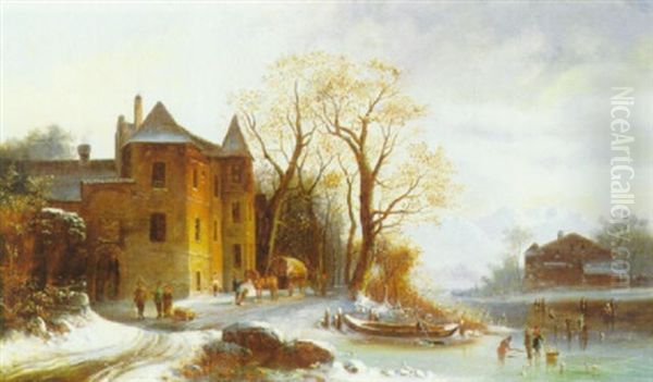 Winter Village Along The Canal Oil Painting by Anton Doll