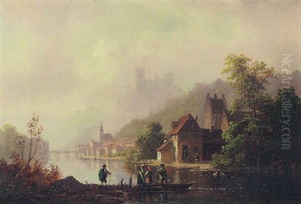 Burgruine Uber Einem Stadtchen Am Flus. Abendstimmung Oil Painting by Anton Doll