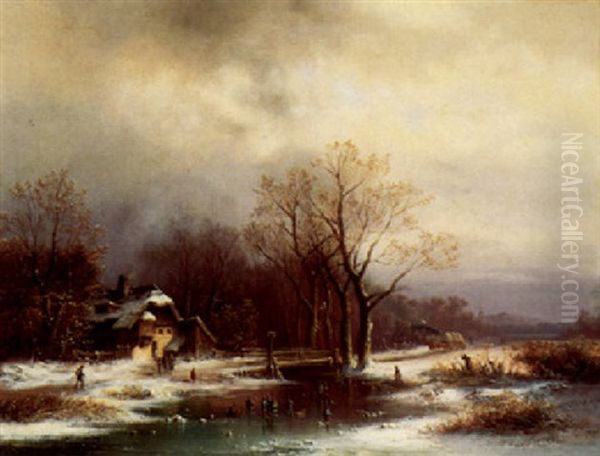 Eisvergnugen. Winterlandschaft Mit Pferdefuhrwerk Und Rodelnden Kindern Oil Painting by Anton Doll