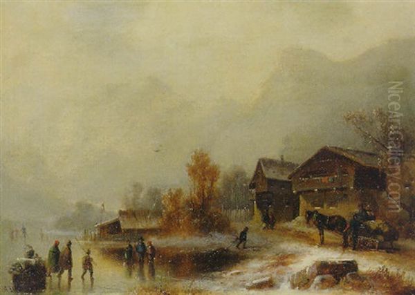 Winterlandschaft Mit Pferdegespann Und Personenstaffage Oil Painting by Anton Doll