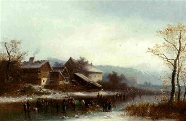 Zugefrorener Fluslauf Mit Eislaufern, Schneebedeckte Alpen Im Hintergrund Oil Painting by Anton Doll