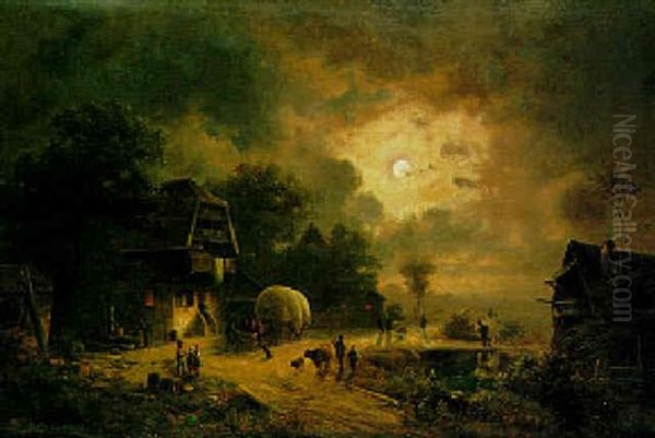 Bayerisches Dorf Bei Vollmond Oil Painting by Anton Doll