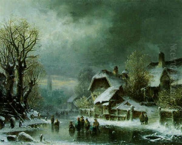 Winterlandschaft Mit Dorf Und Schlittschuhlauferin Oil Painting by Anton Doll