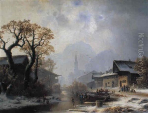 Dorfpartie Im Winter Vor Schneebedeckten Bergen Oil Painting by Anton Doll