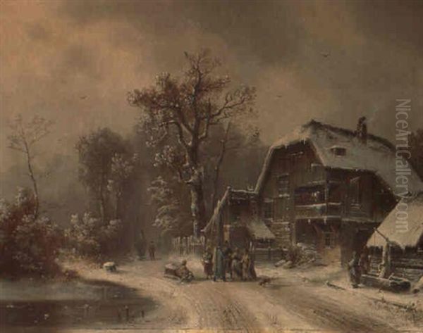 Winterlandschaft Mit Hausern Und Figurengruppe Oil Painting by Anton Doll