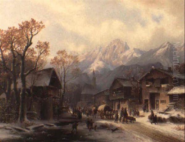 Villagers In An Alpine Landscape Oil Painting by Anton Doll