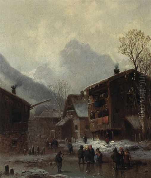 Gebirgsdorf Im Winter Oil Painting by Anton Doll