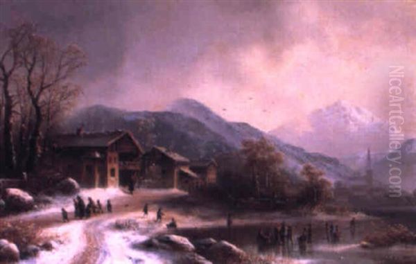 Alpine Village In Winter Oil Painting by Anton Doll